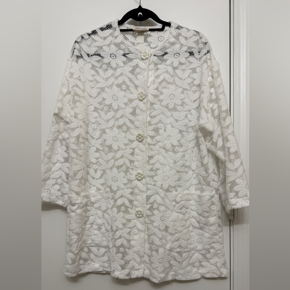 Sand Dollars Vintage Floral Lace Button Down Cardigan Jacket White L